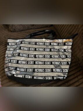 Victoria's Secret Black and Silver Sequin Stripe Tote